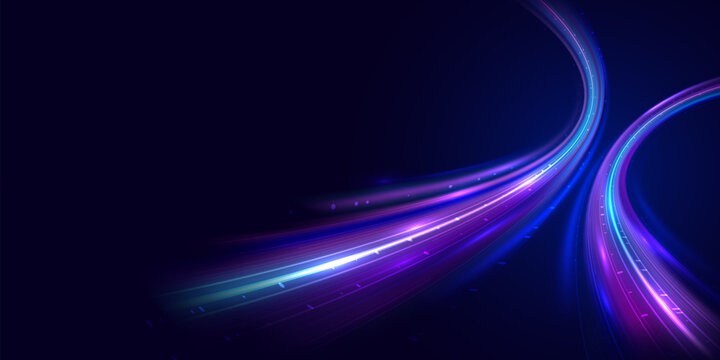 Abstract technology background with high-speed glowing light trails, digital network connectivity, data transmission, and information flow. Futuristic vector illustration with copy space.
