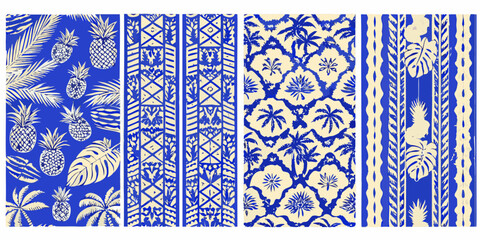 tropical folk art patterns in blue and white vector pineapple palm leaf © Pabitra
