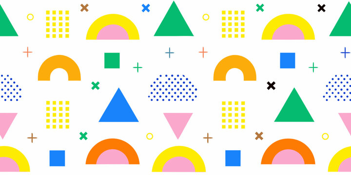 scattered geometric shapes colorful vector pattern triangle circle square arc dot cross