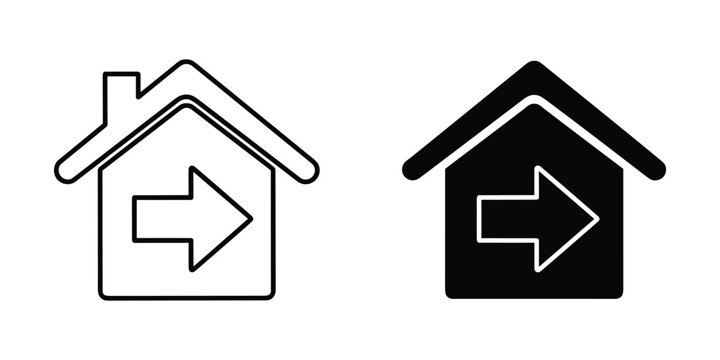 Two house icons with outgoing arrow symbols in white outline and solid black against a light background