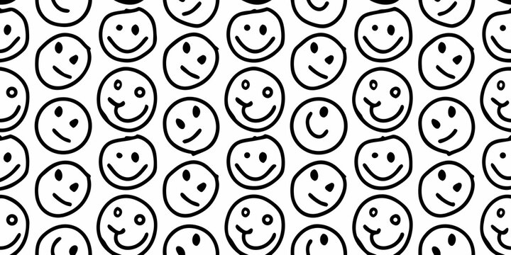 simple black line art smiley faces seamless pattern white background repeating design