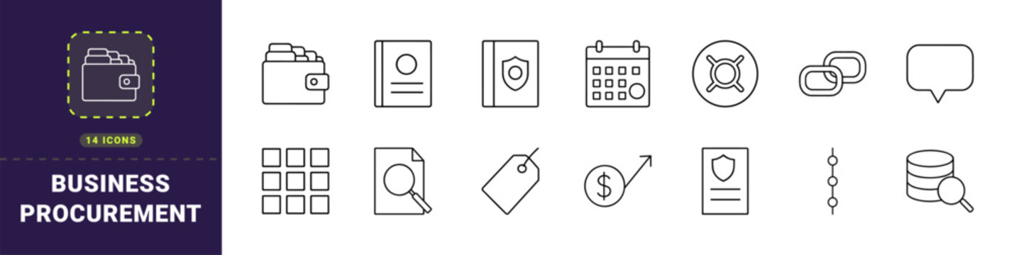 Business purchase justification line icon set. Vector pictograms of document, report, financial, and organizational elements, thin linear illustration.