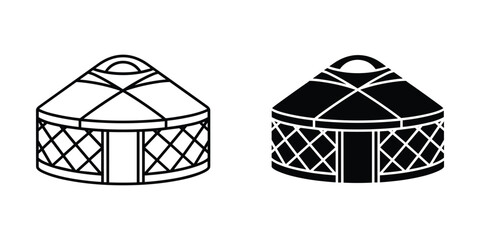 Yurt tent outline and solid silhouette isolated on white background for nomadic dwelling concept © ModernStock