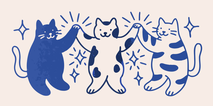 three cats holding paws whimsical blue sketch on beige background animal illustration