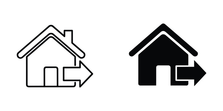 Outline and solid house icons with outgoing arrow indicating relocation or departure during daylight
