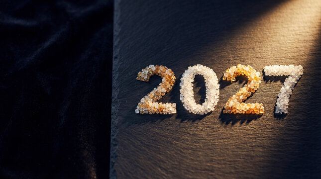 Crystal sugar pieces arranged as 2027 on black slate with warm light for sweet celebration dessert bakery holiday greeting festive food concept for bakery menu greeting banner layout