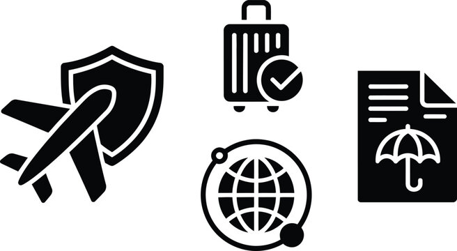 Travel safety and document verification icons set vector with document insurance security airplane suitcase vector