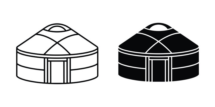 Yurt dwelling outline and solid silhouette representing nomadic shelter architecture for travel and cultural exploration