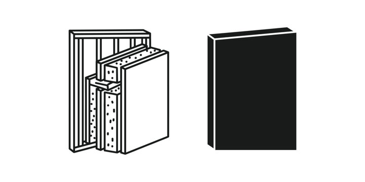 Cutaway building insulation layers next to solid wall panel on white background clean graphic design
