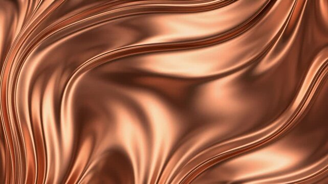 Flowing metallic copper silk waves with glossy folds in abstract motion, luxury texture, premium design, elegant backdrop, modern branding.