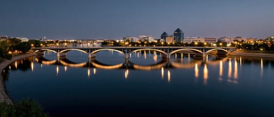 Fototapeta premium This captivating skyline image showcases a vibrant cityscape at dusk, where city lights reflect beautifully on tranquil waters, evoking a sense of urban elegance and serenity.