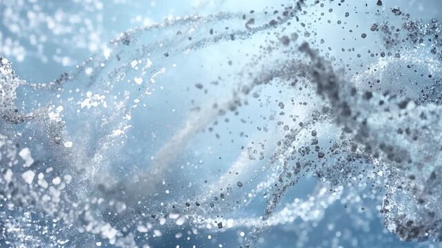 Frozen water and ice crystal texture in macro motion, winter freshness, natural abstraction, cool background, seasonal atmosphere.