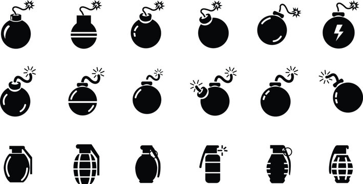 Bomb Explosive Device Icon Set Collection Group, Grenade Ordnance Munition Blast Symbols, Black Flat Style Vector Pack with Editable Outline Pictograms for Safety Warning Design