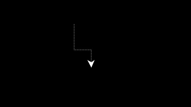 Dotted zigzag arrow animation pointing downward on a black background. Smooth and dynamic motion graphic line.