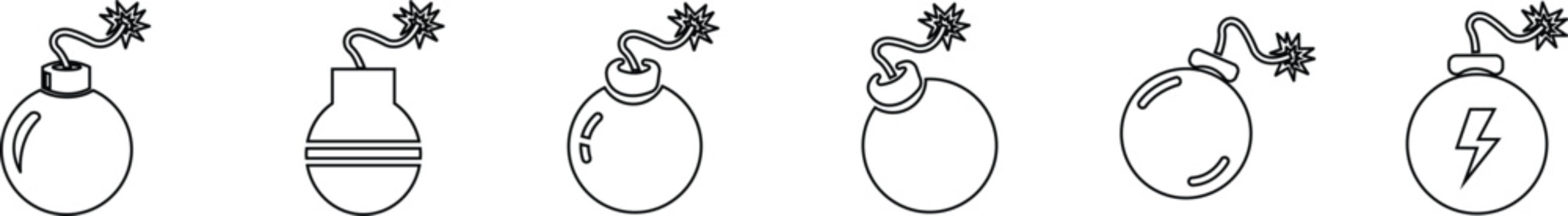 Bomb Explosive Device Icon Set Collection Group, Grenade Ordnance Munition Blast Symbols, Black Line Style Vector Pack with Editable Outline Pictograms for Safety Warning Design
