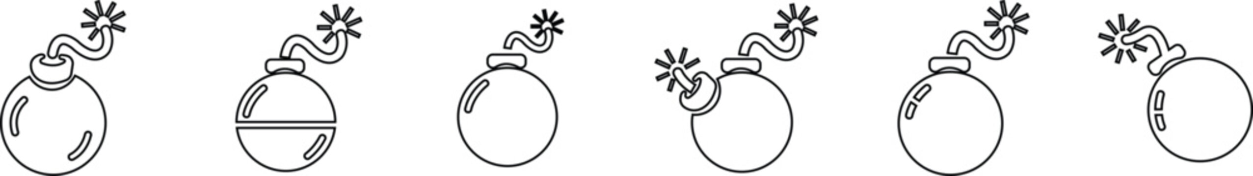 Bomb Explosive Device Icon Set Collection Group, Grenade Ordnance Munition Blast Symbols, Black Line Style Vector Pack with Editable Outline Pictograms for Safety Warning Design