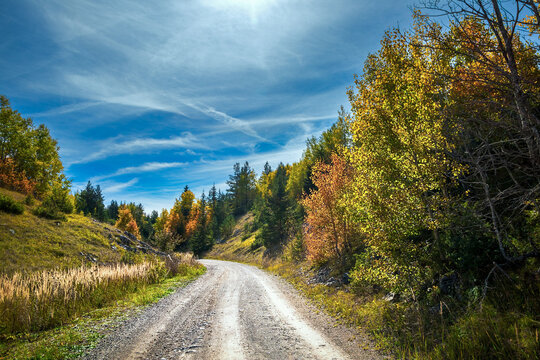 Country road through autumn nature towards lake and mountain Sator (tent) in Bosnia and Herzegovina
