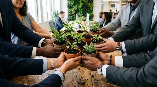 Diverse business team holding small potted plants together over a wooden table in a modern office setting