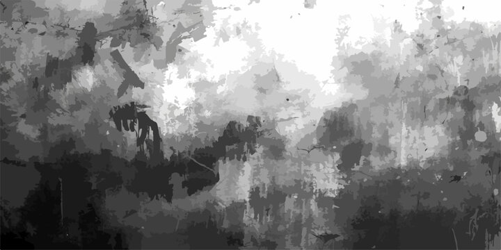 An abstract black and white grunge background blending elements of a dark mountain landscape with misty clouds, winter snow, and faint textures of a forest waterfall