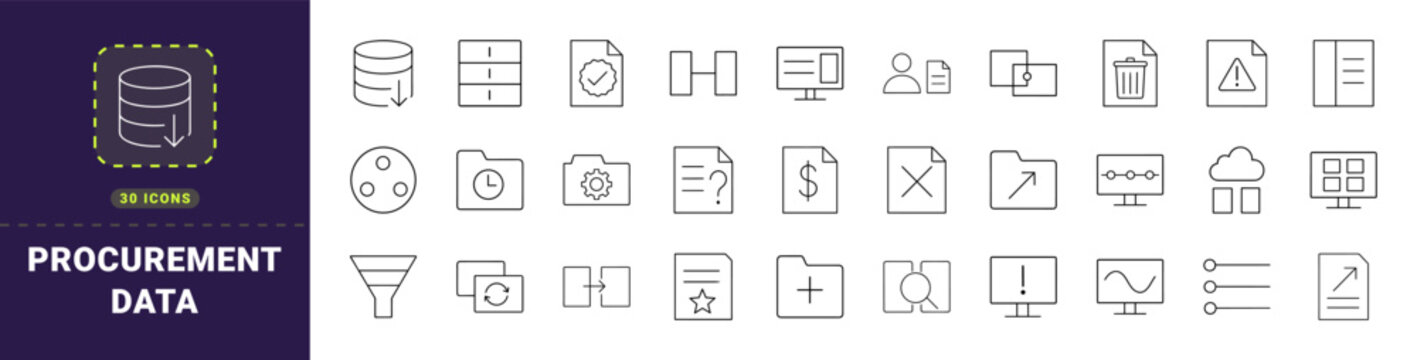 Procurement data cleanup line icon set. Vector pictograms of database indexing, catalog normalization, corporate supply, and metadata optimization elements, thin linear illustration.