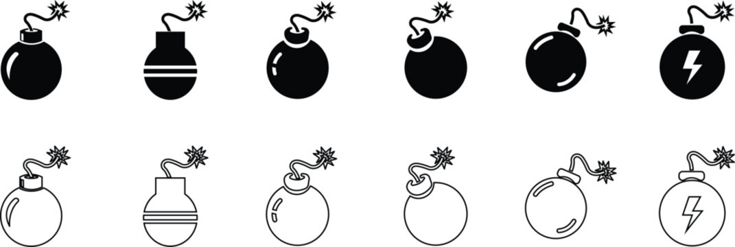 Bomb Explosive Device Icon Set Collection Group, Grenade Ordnance Munition Blast Symbols, Black Flat and Line Style Vector Pack with Editable Outline Pictograms for Safety Warning Design