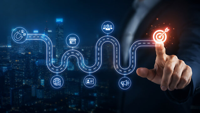 Business strategy roadmap with icons and target goal representing planning marketing growth and success pathway concept in digital environment