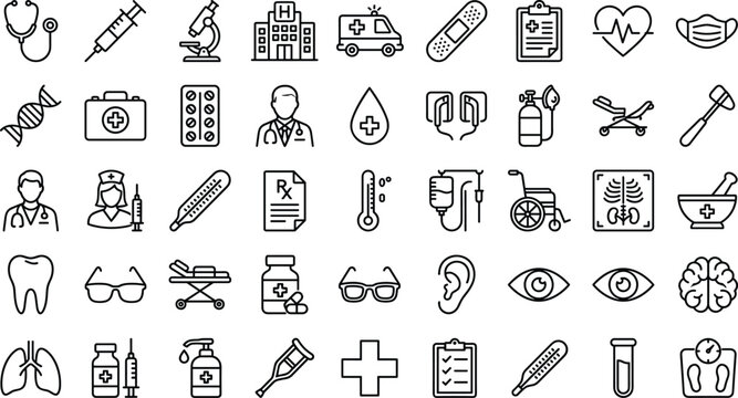Set of medical and healthcare outline icons.