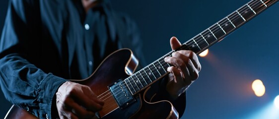 Fototapeta premium A close-up of a guitarist passionately playing on stage during a live performance, capturing the energy of music and the connection between the artist and their audience.