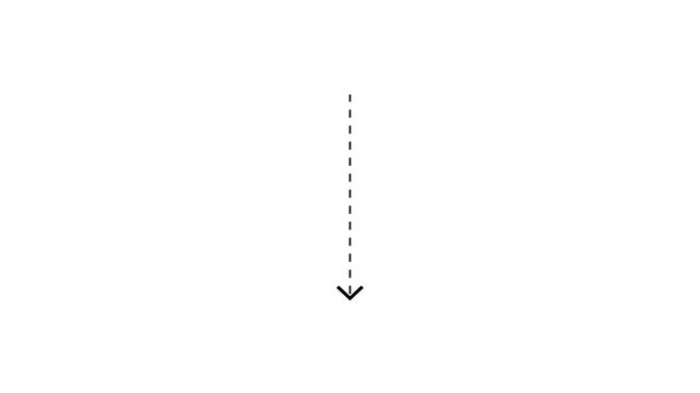 Down arrow icon with dotted line animation on white background. Dot arrow sign with black straight arrow reveal in solid and dashed style.
