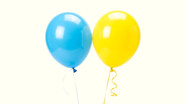 Two brightly colored balloons, one blue and one yellow, floating upwards. They are tied with strings and are set against a light background