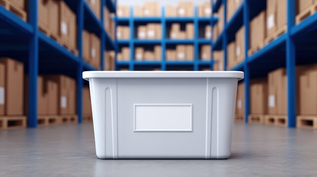 A white plastic storage bin sits on a warehouse floor aisle, surrounded by tall blue metal shelving filled with cardboard boxes.