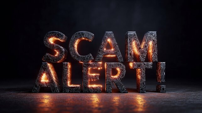 Illuminated warning message against fraud with the text 'SCAM ALERT!' glowing dramatically.