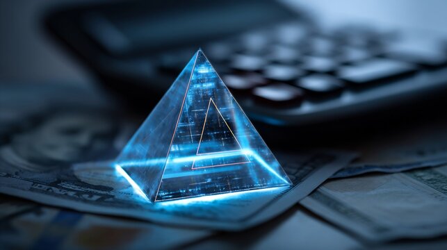 A glowing pyramid sits atop a pile of dollar bills, symbolizing finance and technology in a modern setting.