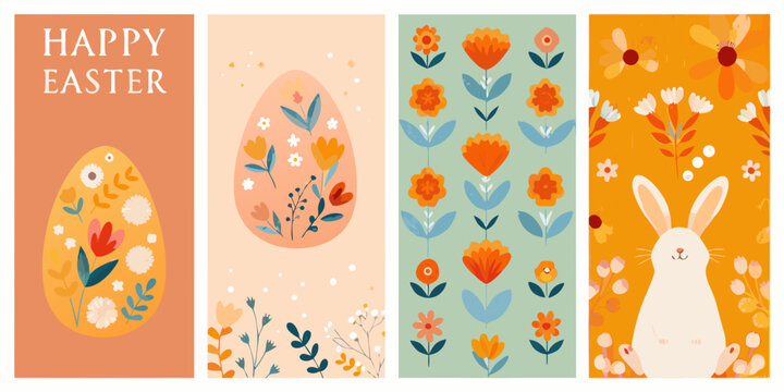 set of four vertical easter greeting cards with floral designs happy spring