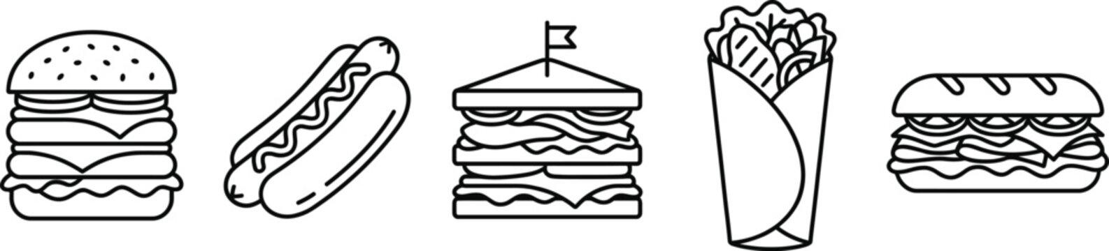 Minimalist Burger and Sandwich Monoline Icon Set - Fast Food Line Art Vector Elements