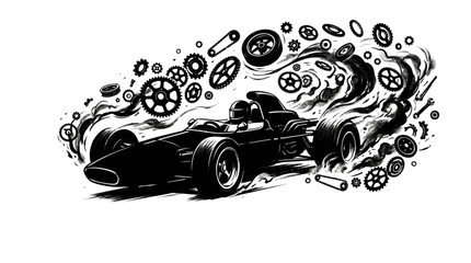 Fototapeta premium silhouette of a vintage formula race car surrounded by flying mechanical gears and engine part