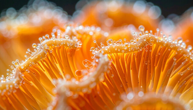Dewy orange mushroom gills detail close-up