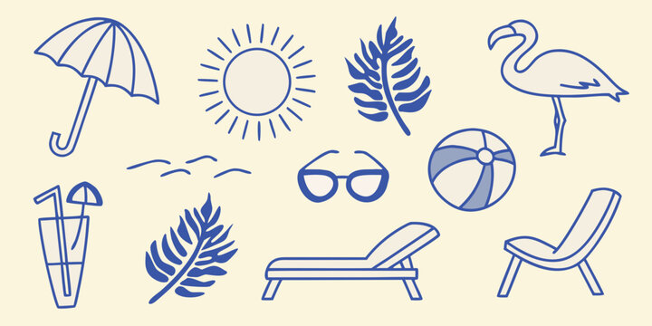summer vacation doodles in blue sketch style umbrella sun leaf flamingo beachball