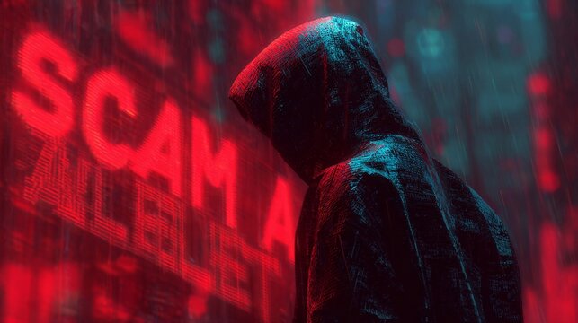 A dark and mysterious figure in a hoodie stands against a backdrop of digital scam alerts, creating a tense and cautionary atmosphere.