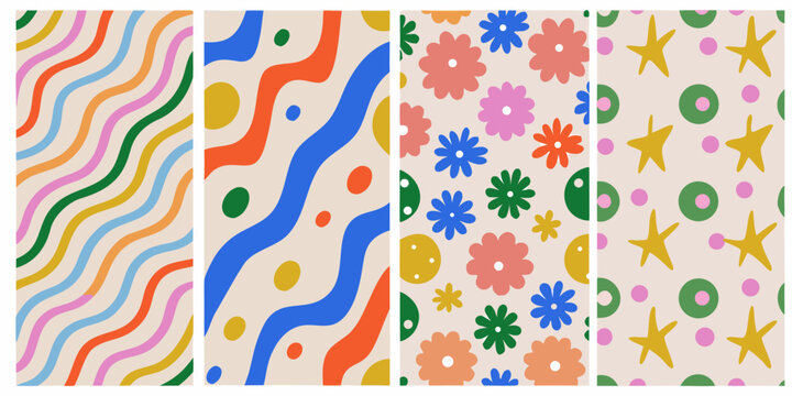 set of four colorful vector patterns with floral and abstract designs design