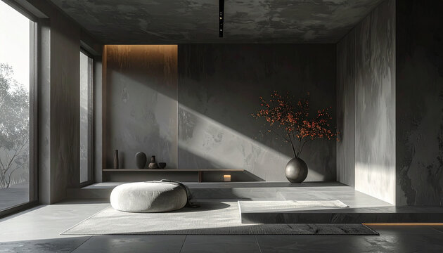 Minimalist interior with plant and soft cushion