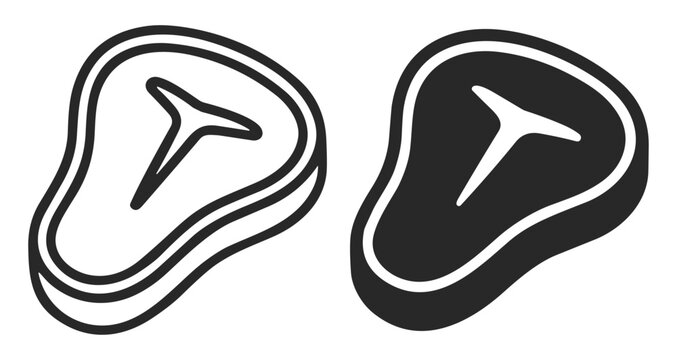 Black and white outline and solid icons of steak meat slices on transparent background