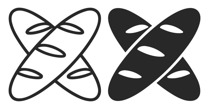 Outlined and filled icon of crossed loaves of bread symbolizing bakery or food products on transparent background