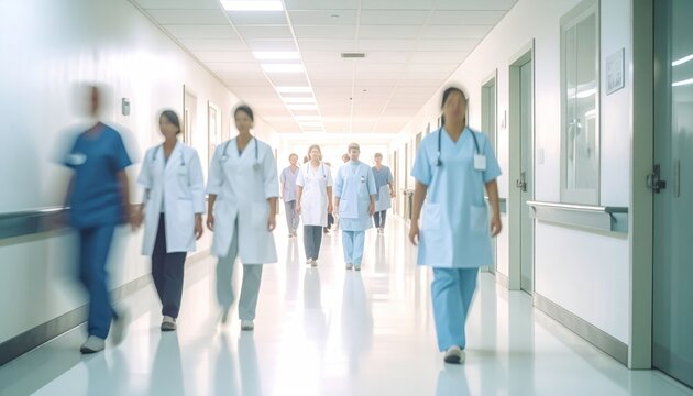 Medical Team Walking Down Hospital Corridor - Blurred Motion