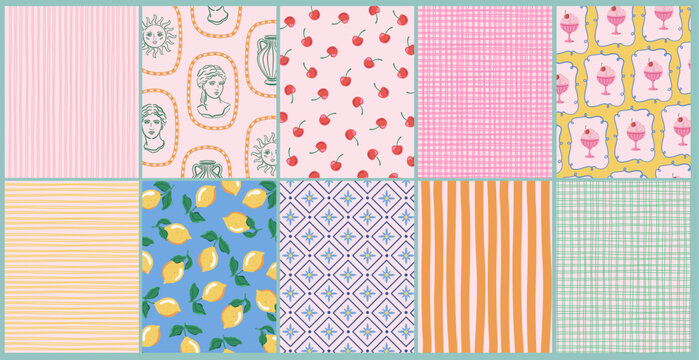 Summer vector illustration of Mediterranean backgrounds. Pattern with lemons, cherries, ice cream, lines, sculpture bust, sun face, vase. Design for poster, cover, card, invitation.