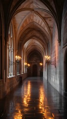 Obraz premium Serene Gothic Style Church Corridor with Arched Ceilings and Candlelit Walls