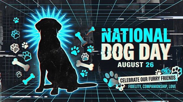 National dog day august 26 celebration poster with silhouette of a dog, glowing neon light, paw prints and bones on grid background