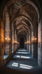 Obraz premium Gothic stone corridor with arched ceilings and candlelit wall sconces in a medieval castle hallway
