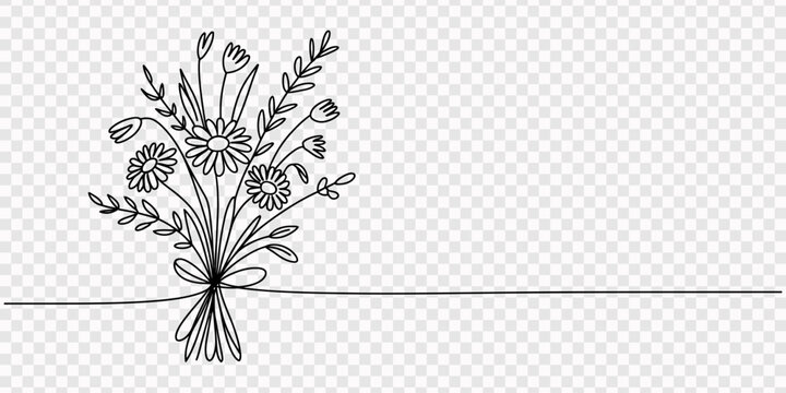 bouquet of flowers, Bouquet of wildflowers continuous line drawing. One line art of decoration, flowers. one line Icon drawing, Wildflower Bouquet. Minimalistic one-line drawing small bunch