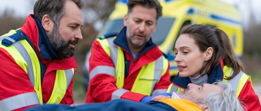 Emergency responders provide urgent medical assistance to a patient lying on a stretcher in a critical situation, depicting teamwork and medical professionalism.